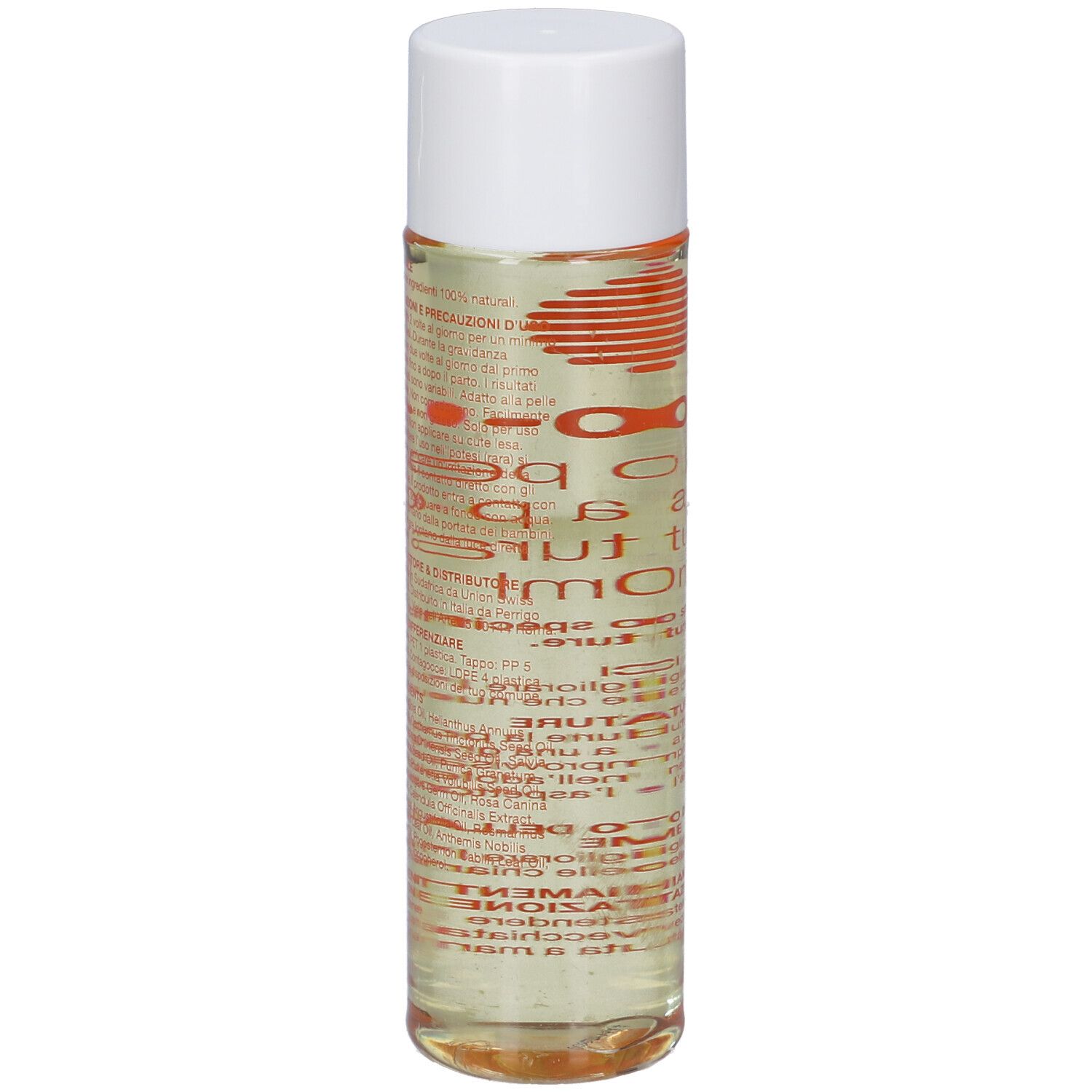Bio-Oil® Ölflasche, transparent, mit weißem Deckel. Etikett mit Text in verschiedenen Sprachen.