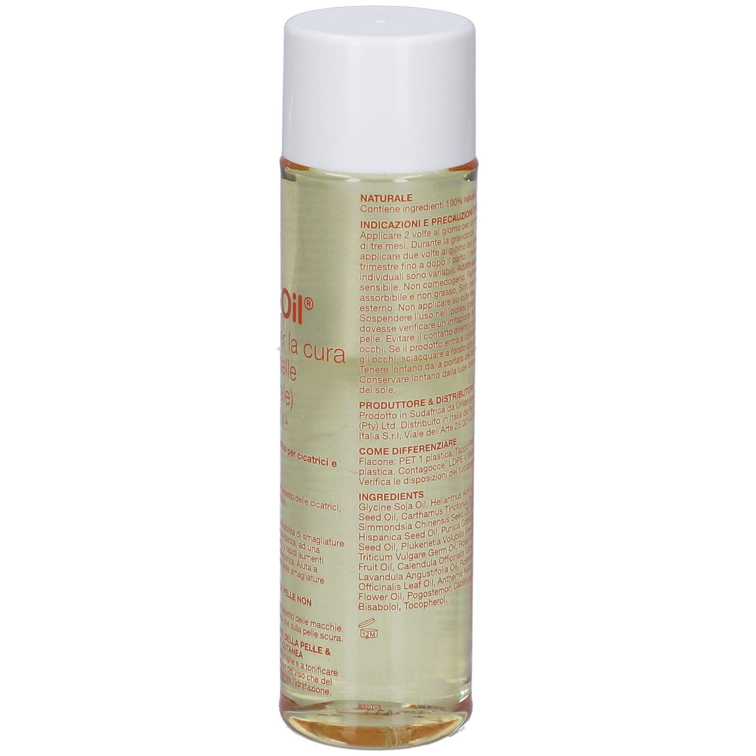 Bio-Oil® Ölflasche, transparent, mit weißem Deckel. Etikett mit Text in verschiedenen Sprachen.