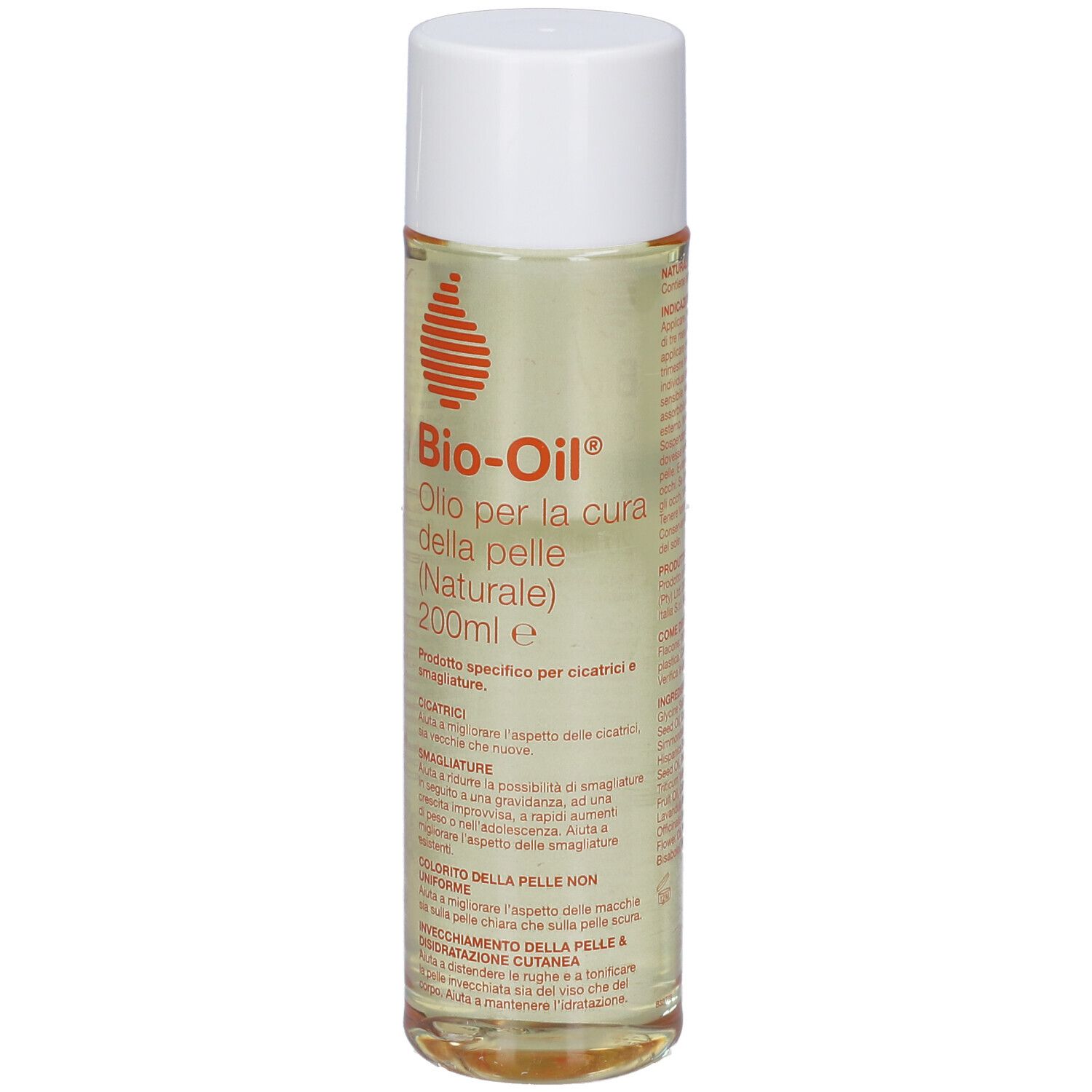 Bio-Oil® Flasche, transparent, weißer Deckel. Etikett mit Produktnamen und Text in italienischer Sprache.