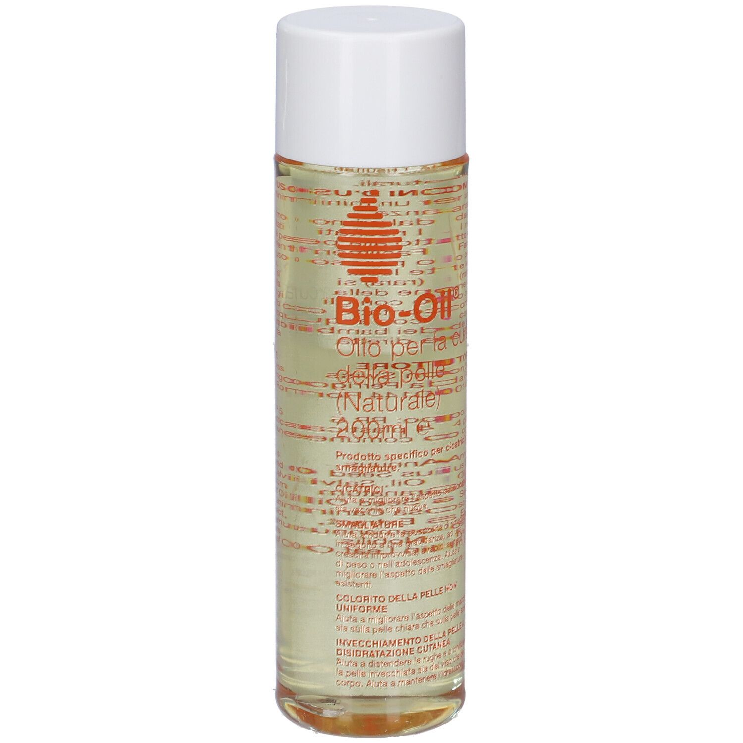Bio-Oil® Flasche, transparent, weißer Deckel. Etikett mit Produktnamen und Text in italienischer Sprache.