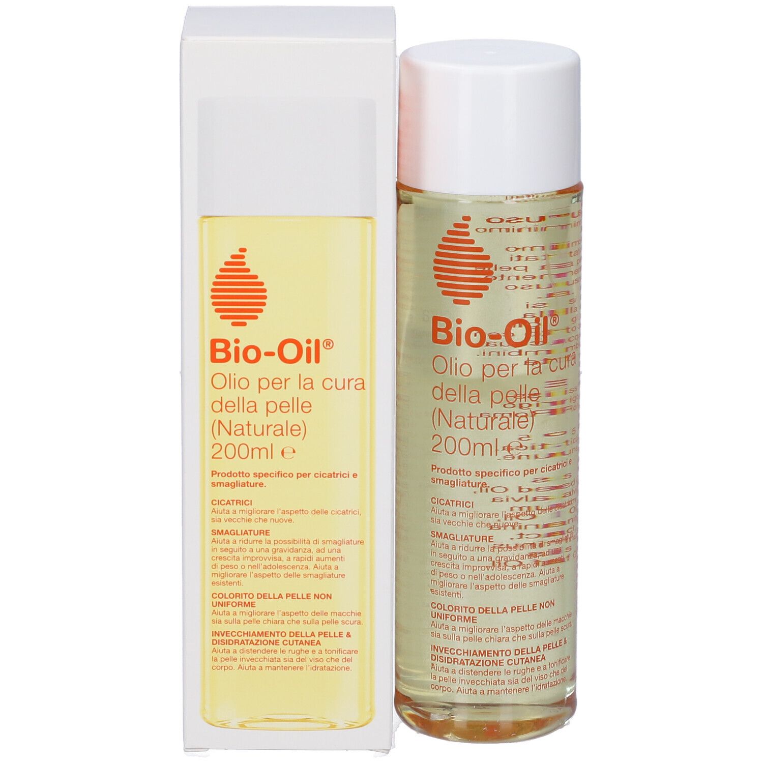 Bio-Oil® Flasche und Verpackung. Flasche transparent, weißer Deckel. Verpackung weiß mit Produktnamen.