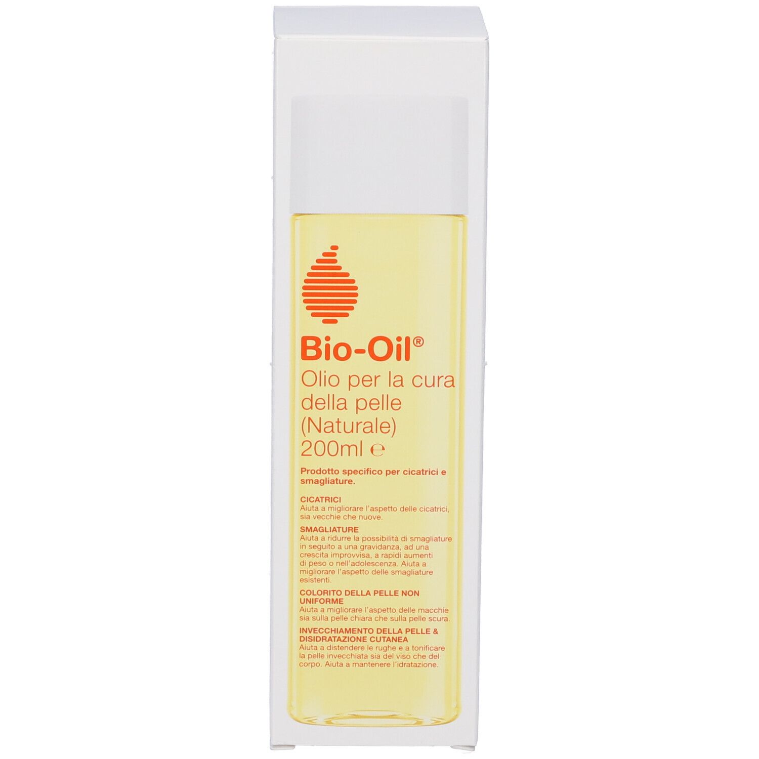 Bio-Oil® Flasche und Verpackung. Flasche transparent, weißer Deckel. Verpackung weiß mit Produktnamen.