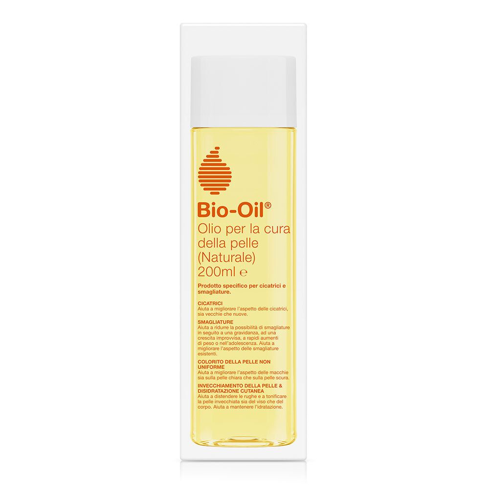 Flacon de Bio-Oil® Olio per la cura della pelle (Naturale). Liquide jaunâtre, bouchon blanc. Dans son emballage.
