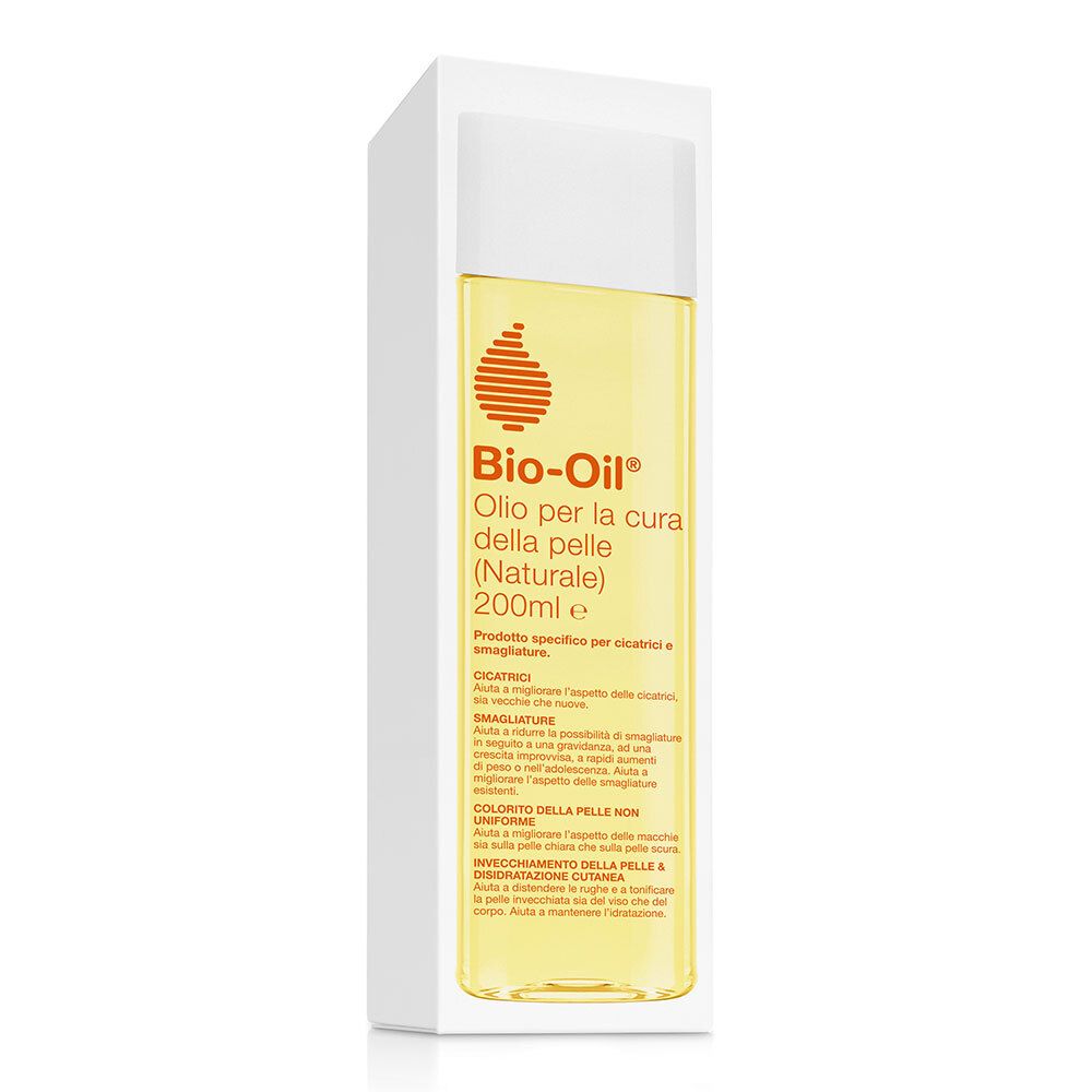 Flacon de Bio-Oil® Olio per la cura della pelle (Naturale). Liquide jaunâtre, bouchon blanc. Dans son emballage.