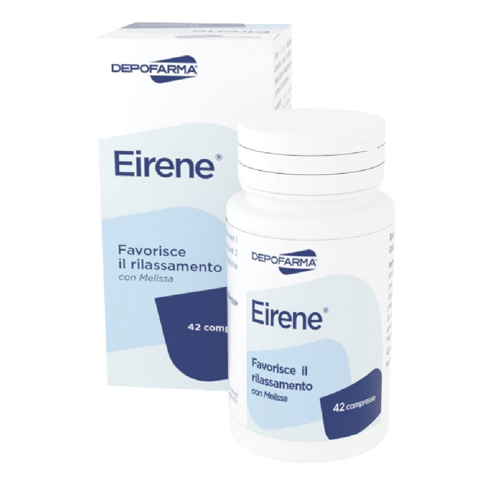 Flacon et boîte blancs avec 'Eirene' et 'Depofarma'. 42 comprimés. Favorise la relaxation.