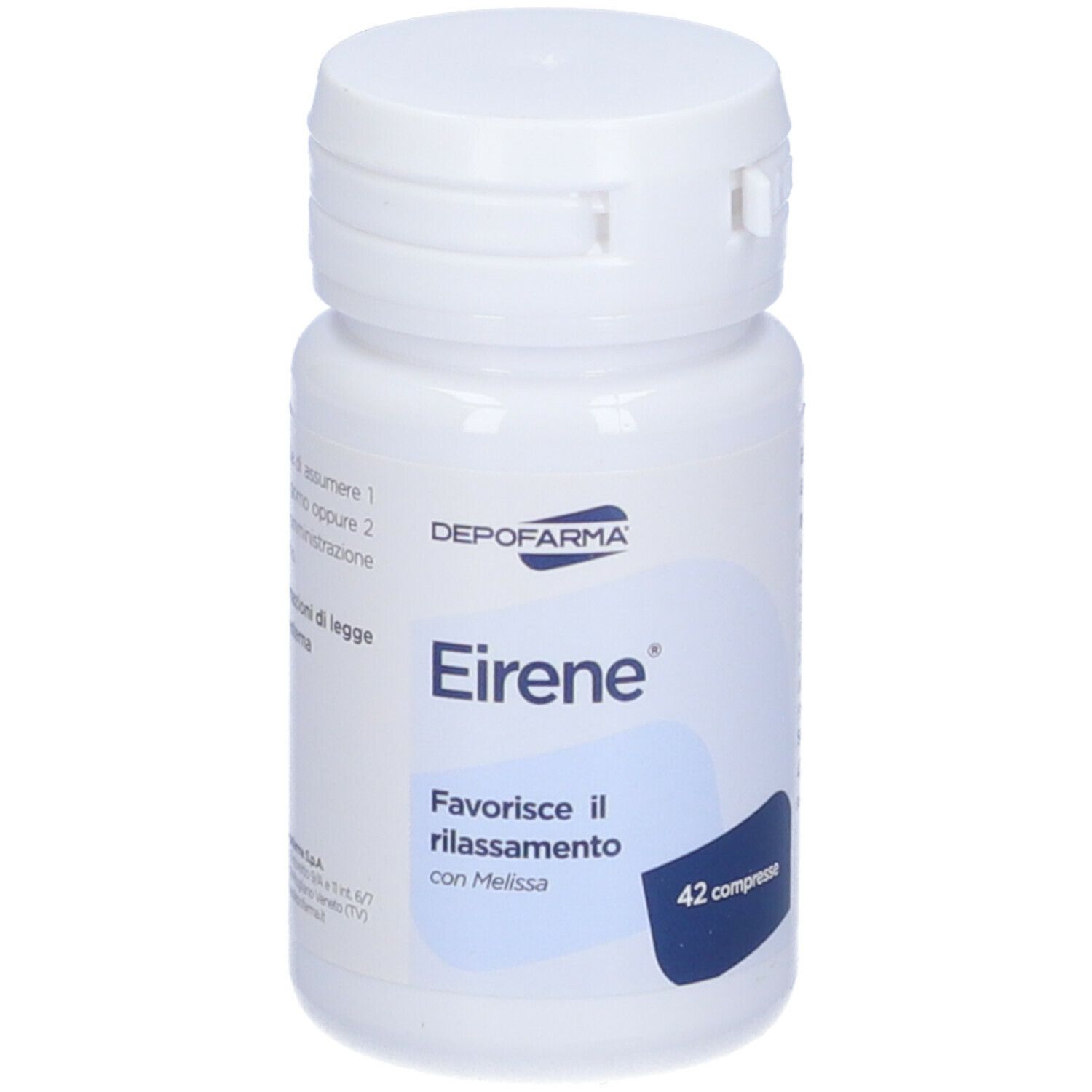 Flacon blanc avec 'Eirene' et 'Depofarma'. 42 comprimés. Favorise la relaxation.
