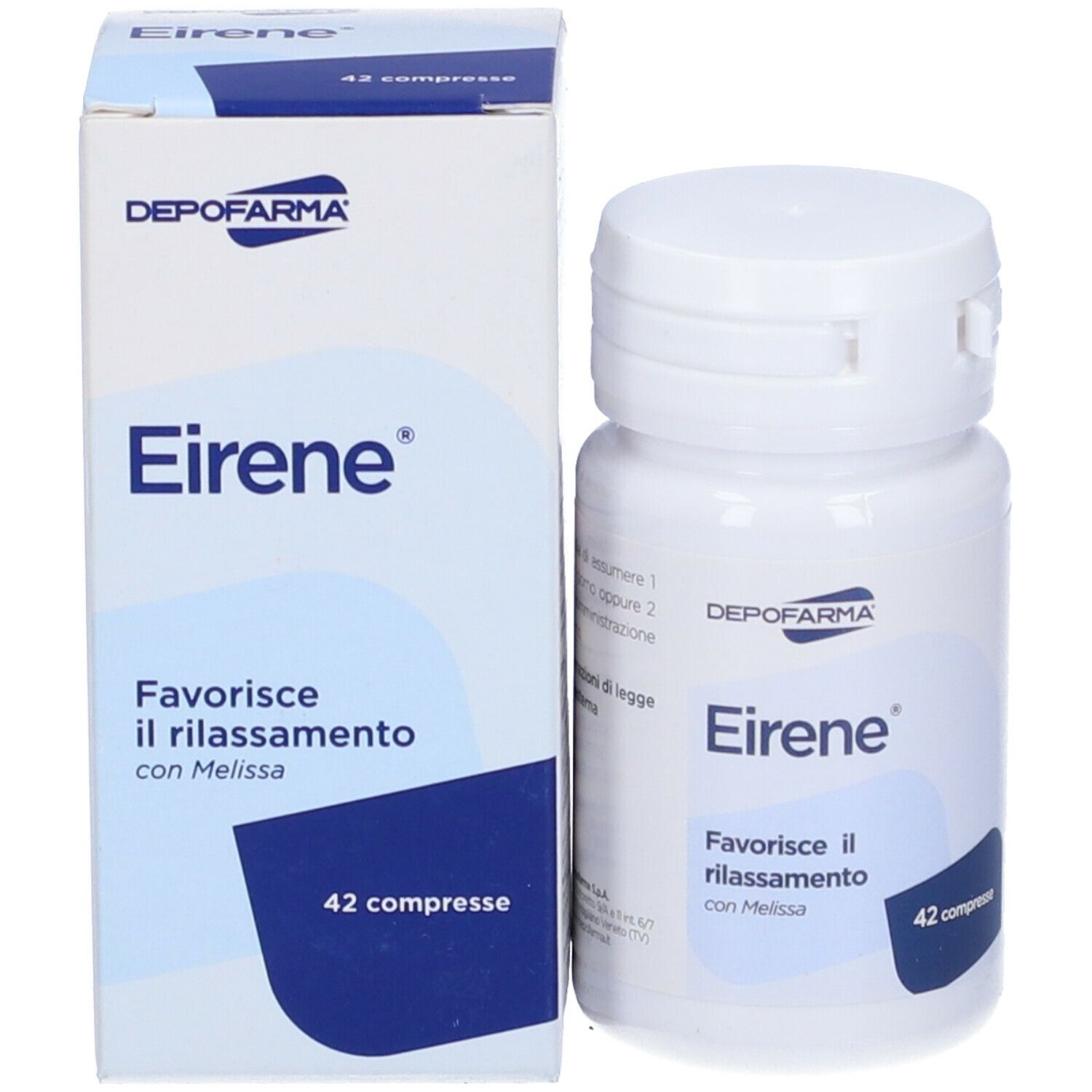 Flacon et boîte blancs avec 'Eirene' et 'Depofarma'. 42 comprimés. Favorise la relaxation.