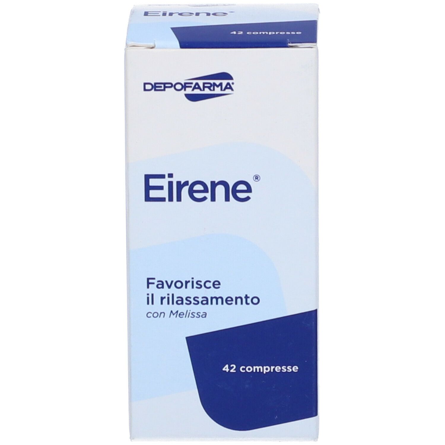 Boîte avec 'Eirene' et 'Depofarma'. 42 comprimés. Favorise la relaxation.