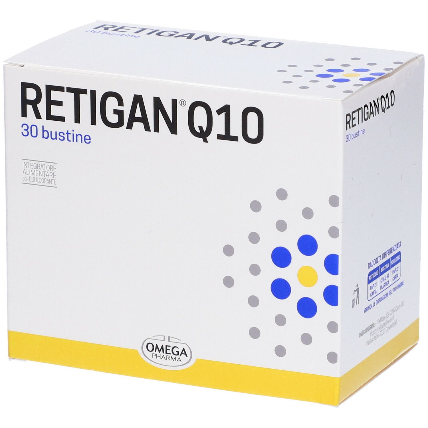 Weißer Karton mit "RETIGAN Q10" und "30 bustine". Logo "OMEGA PHARMA".