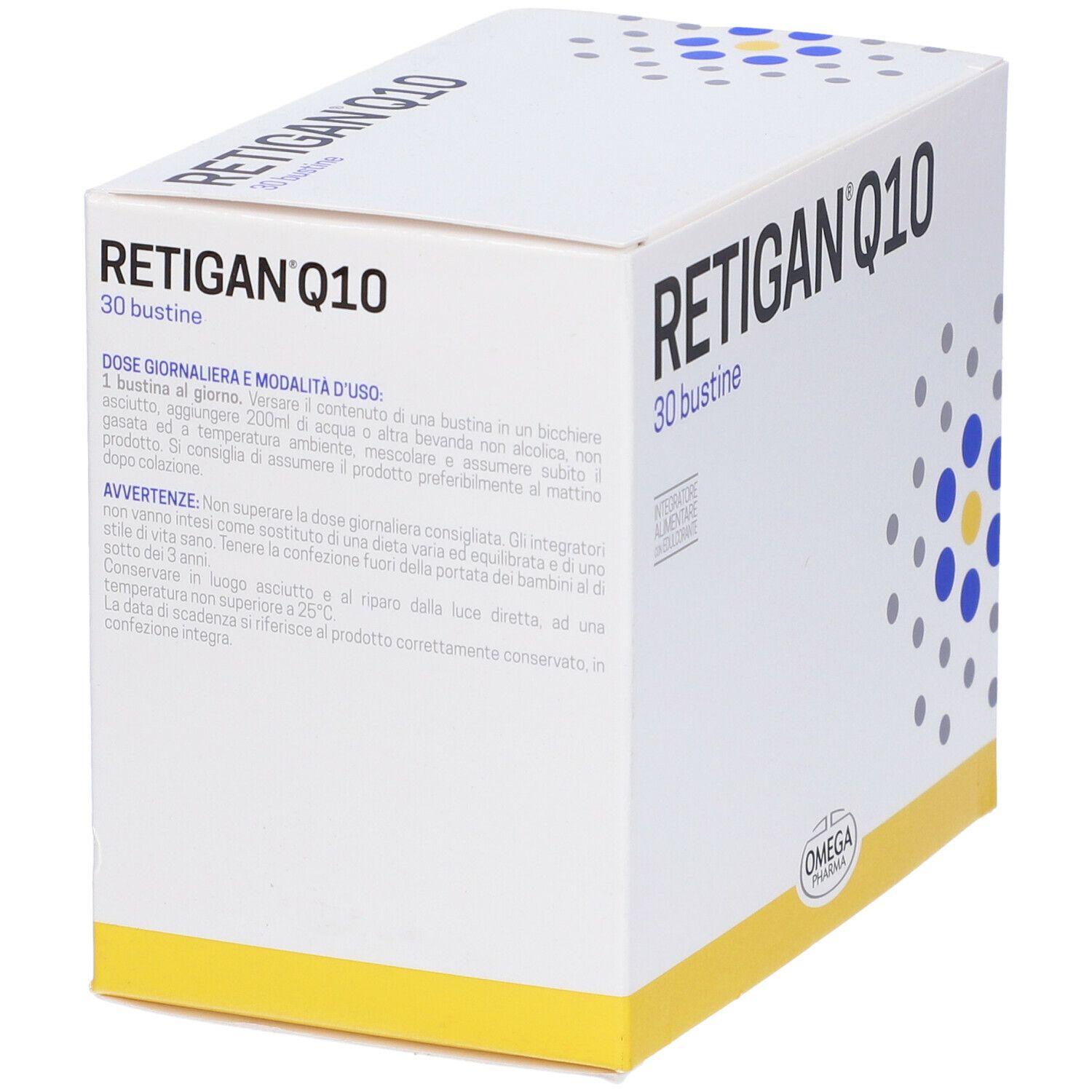 Weißer Karton mit "RETIGAN Q10" und "30 bustine". Logo "OMEGA PHARMA".