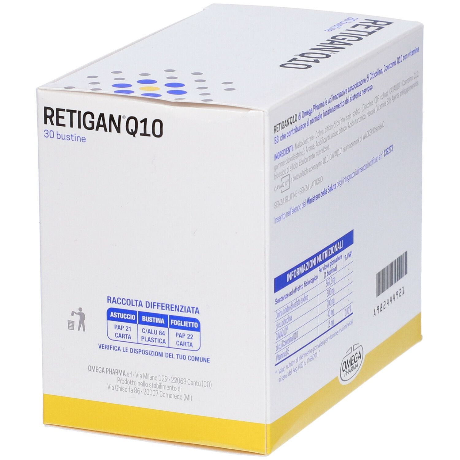 Weißer Karton mit "RETIGAN Q10" und "30 bustine". Logo "OMEGA PHARMA".