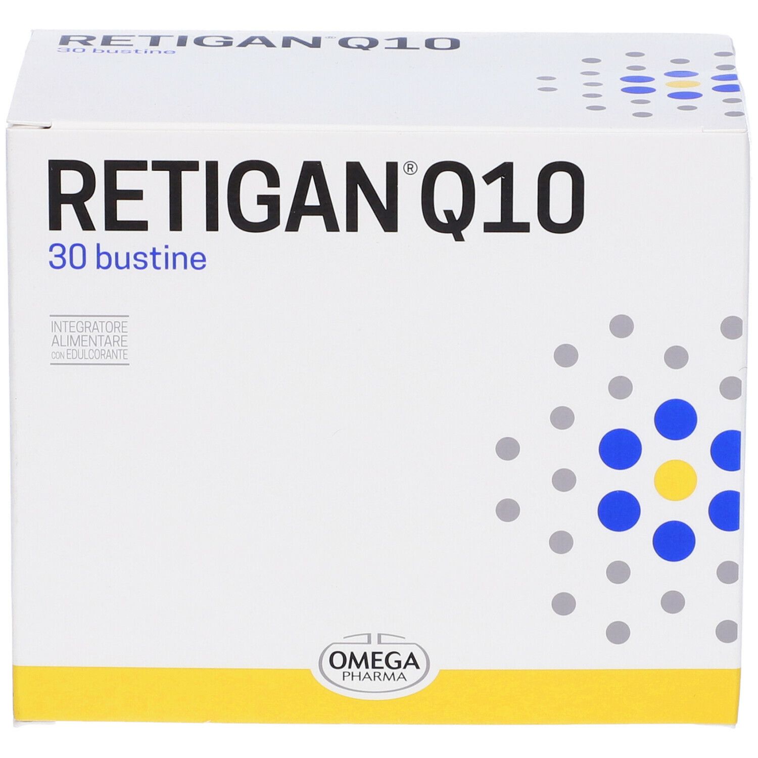 Weißer Karton mit "RETIGAN Q10" und "30 bustine". Logo "OMEGA PHARMA".