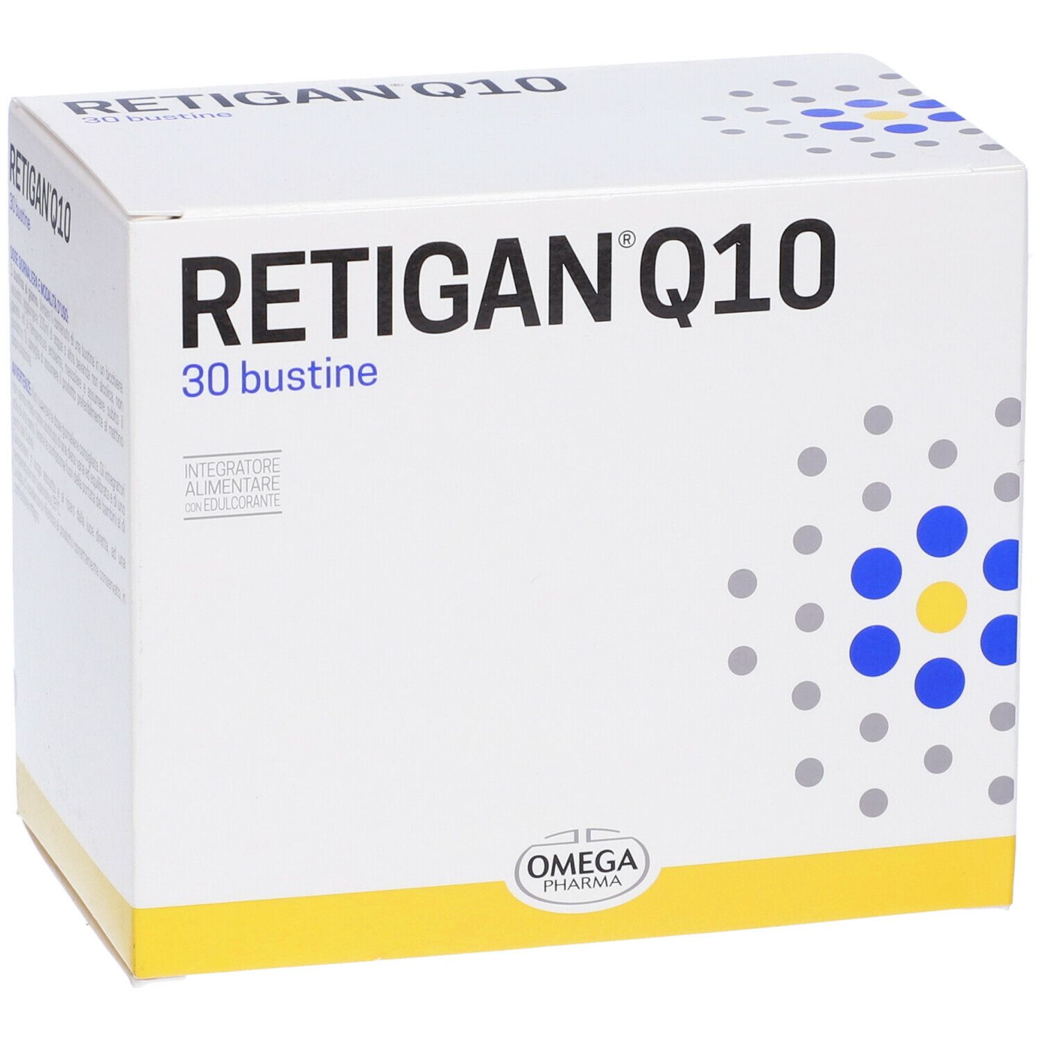 Weißer Karton mit "RETIGAN Q10" und "30 bustine". Logo "OMEGA PHARMA".