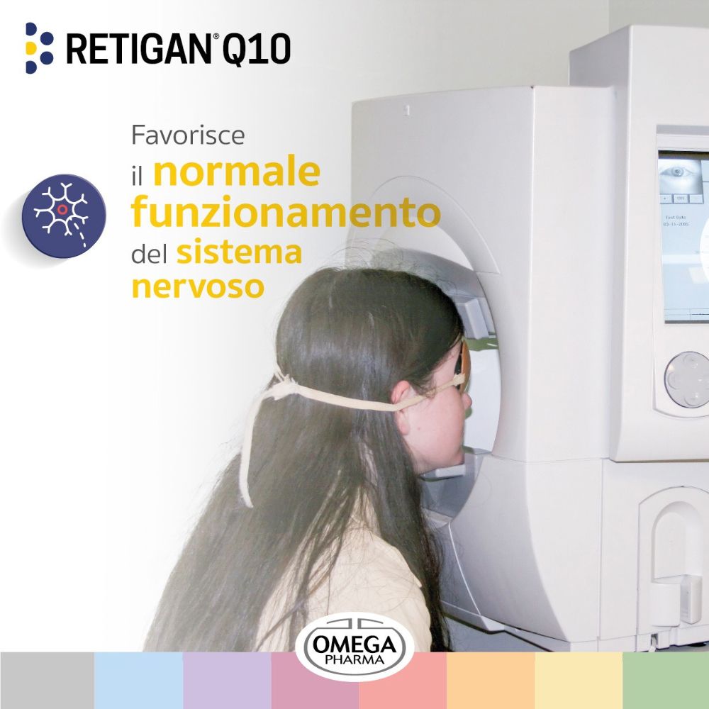 Person vor medizinischem Gerät. Text: „RETIGAN Q10“. Logo „OMEGA PHARMA“. Text: „Favorisce il normale funzionamento del sistema nervoso“.