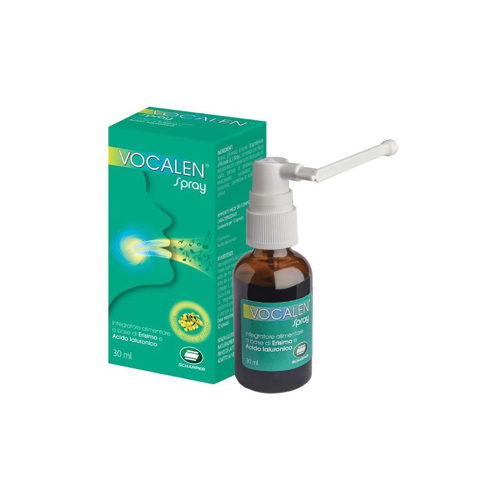 Flacon en verre brun avec vaporisateur et boîte. Inscription: VOCALEN Spray, 30 ml. Emballage vert et blanc.