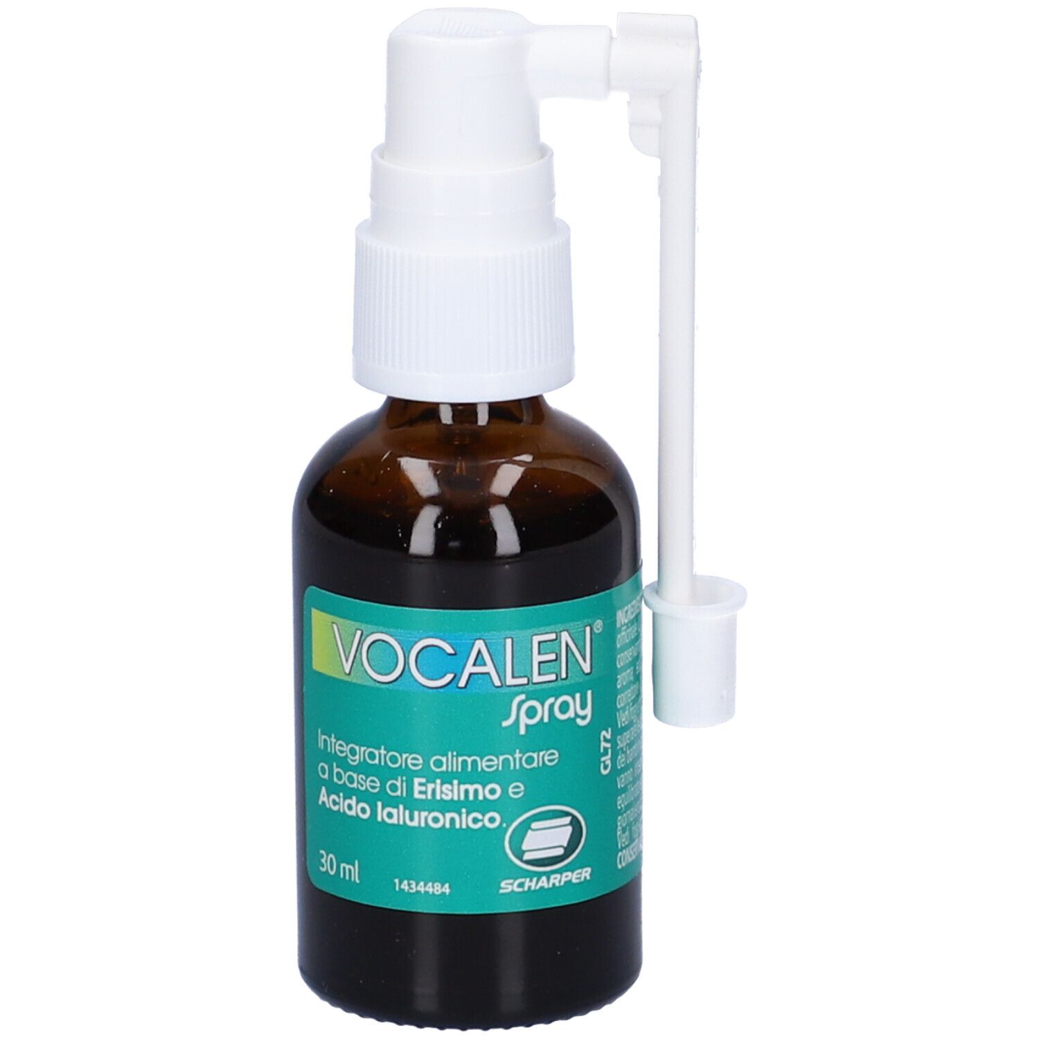 Flacon en verre brun avec vaporisateur. Inscription: VOCALEN Spray. Contient de l'acide hyaluronique. Avec vaporisateur blanc.