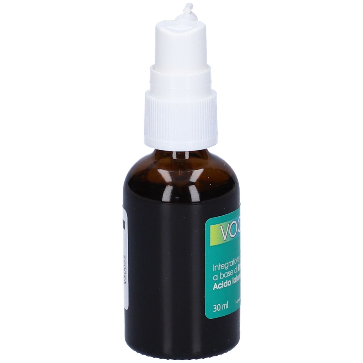 Flacon en verre brun avec vaporisateur. Inscription: VOCALEN Spray. Contient de l'acide hyaluronique. Avec vaporisateur blanc.