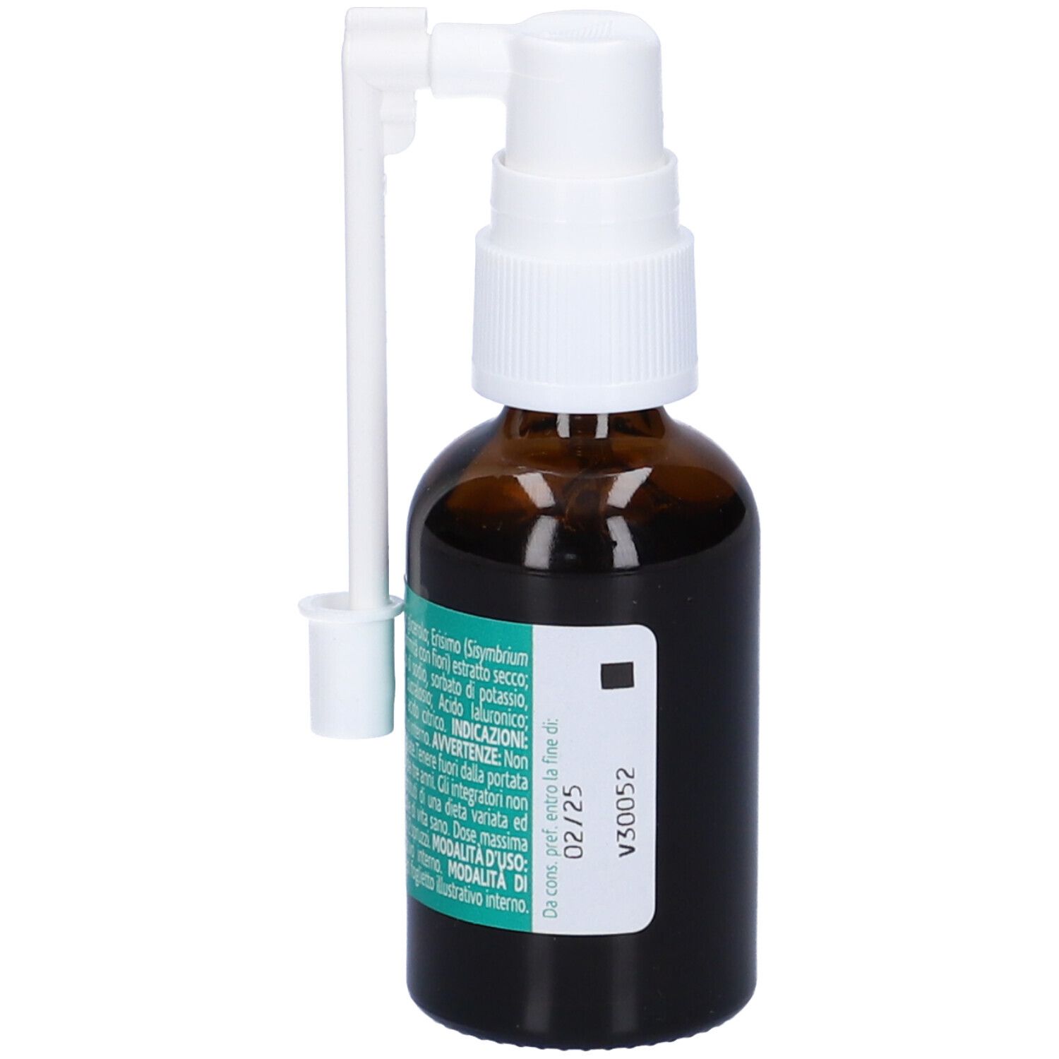 Flacon en verre brun avec vaporisateur. Inscription: VOCALEN Spray. Contient de l'acide hyaluronique. Avec vaporisateur blanc.