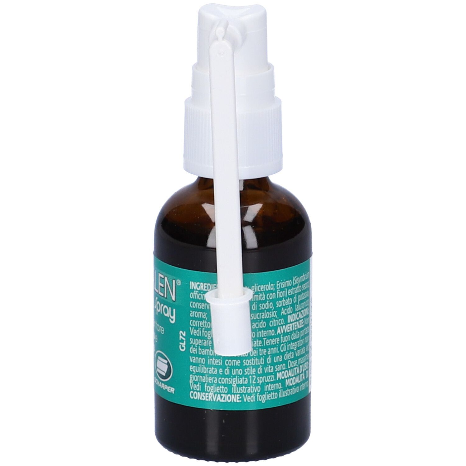 Flacon en verre brun avec vaporisateur. Inscription: VOCALEN Spray. Contient de l'acide hyaluronique. Avec vaporisateur blanc.