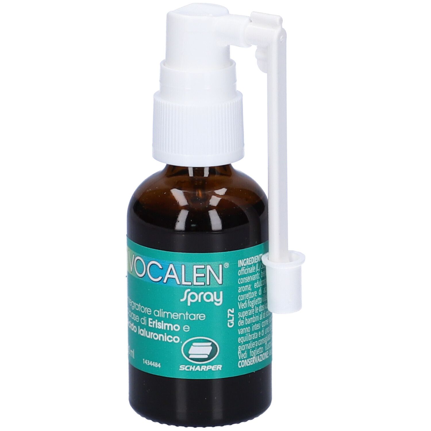 Flacon en verre brun avec vaporisateur. Inscription: VOCALEN Spray. Contient de l'acide hyaluronique. Avec vaporisateur blanc.