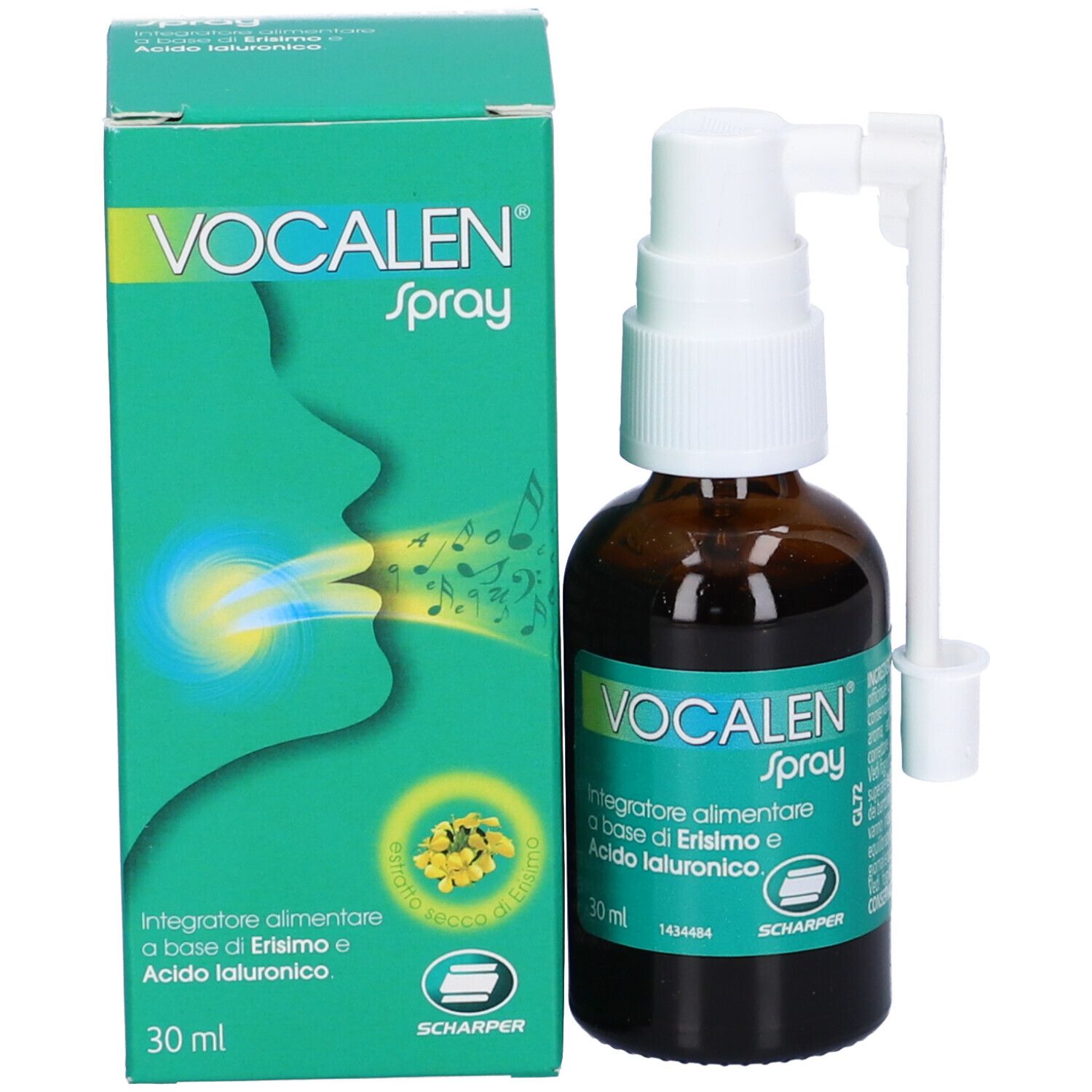 Flacon en verre brun avec vaporisateur et boîte. Inscription: VOCALEN Spray, 30 ml. Emballage vert et blanc.
