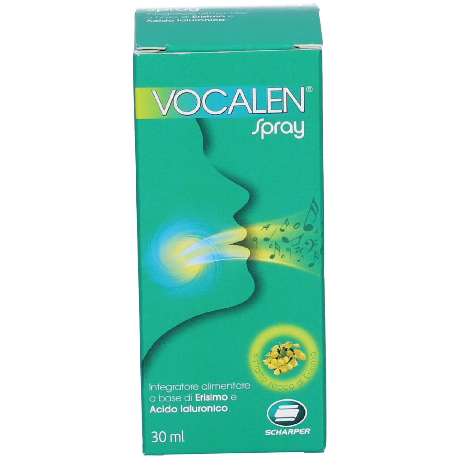 Emballage vert avec inscription: VOCALEN Spray, 30 ml. Contient de l'acide hyaluronique. Illustration d'une bouche.
