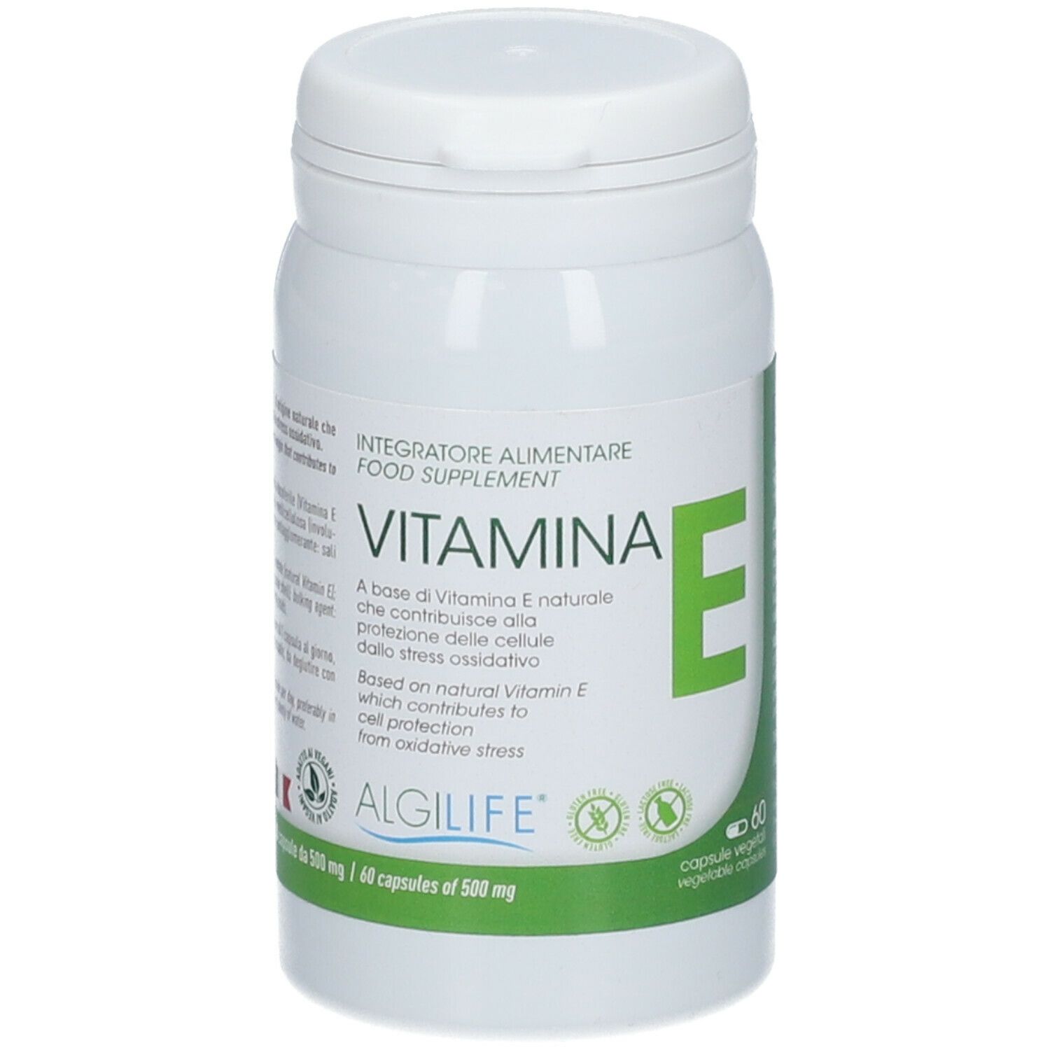 Weißes Nahrungsergänzungsmittel-Behälter mit grünem Etikett. Aufschrift: Vitamina E, ALGILIFE®. Enthält 60 Kapseln.