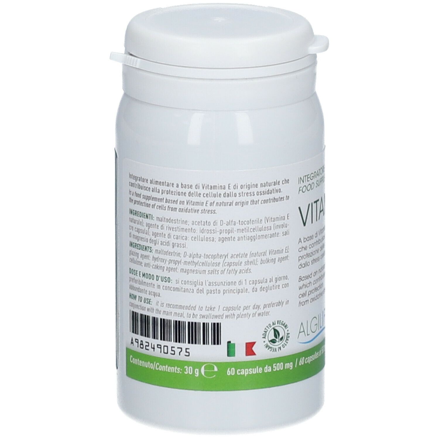 Rückseite des weißen Nahrungsergänzungsmittel-Behälters. Grünes Etikett mit Inhaltsstoffen und Anwendungshinweisen. ALGILIFE®.