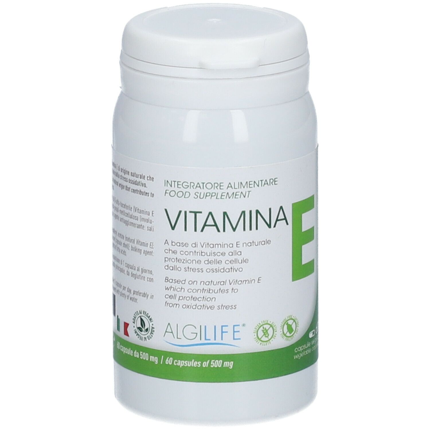 Weißes Nahrungsergänzungsmittel-Behälter mit grünem Etikett. Aufschrift: Vitamina E, ALGILIFE®. Enthält 60 Kapseln.