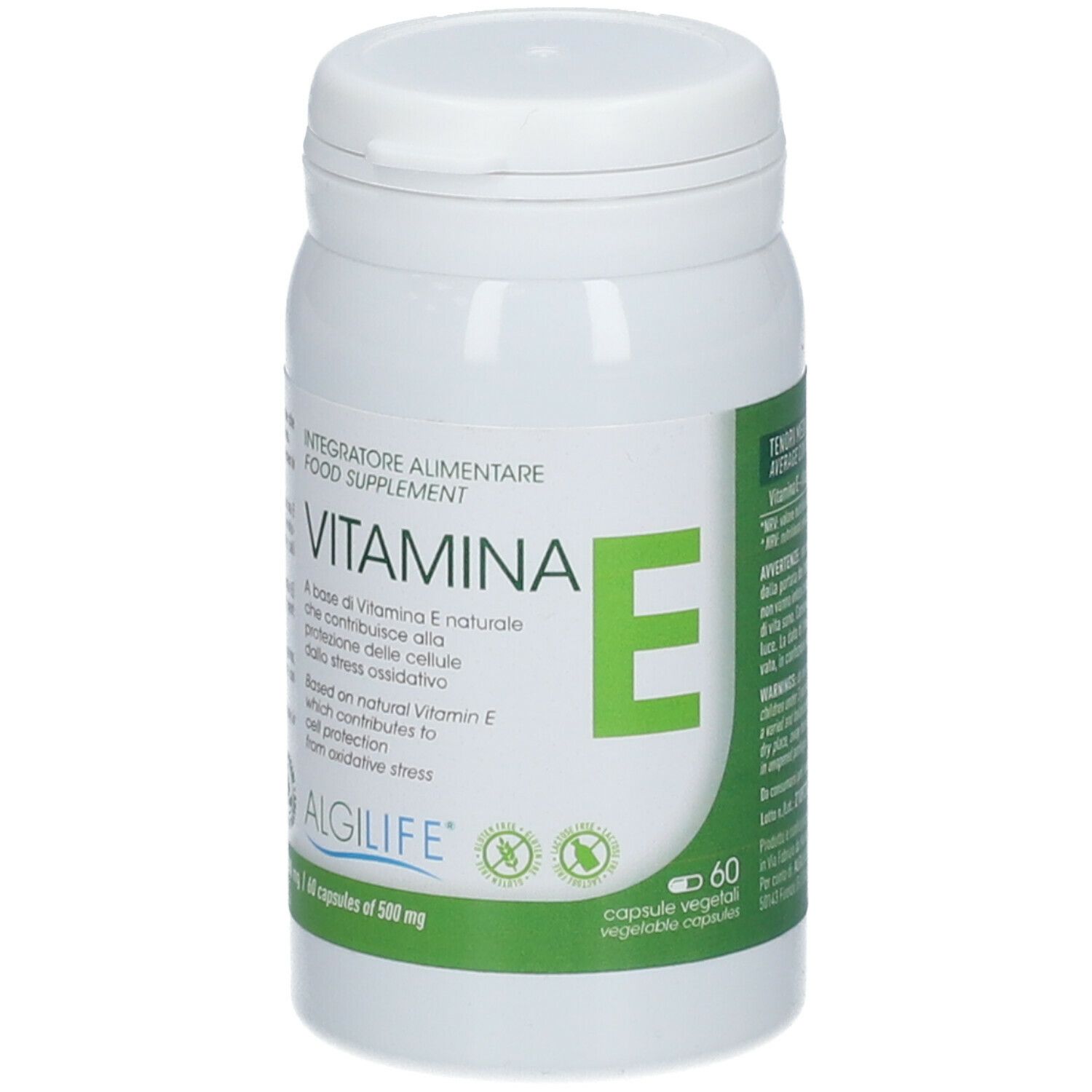 Weißes Nahrungsergänzungsmittel-Behälter mit grünem Etikett. Aufschrift: Vitamina E, ALGILIFE®. Enthält 60 Kapseln.