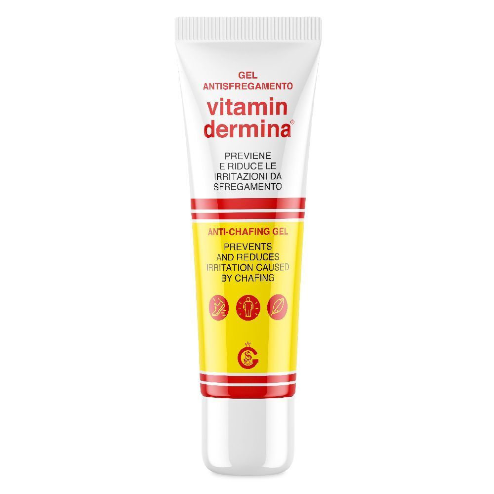Tube de gel VitaminDermina® Anti-Müdigkeits-Gel. Gel anti-frottement. Tube blanc avec texte rouge et jaune.