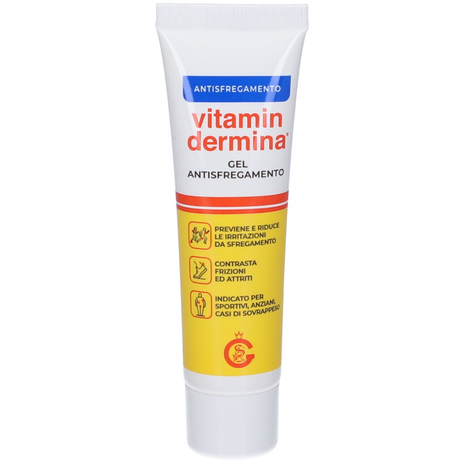 Tube de gel VitaminDermina® Anti-Müdigkeits-Gel. Gel anti-frottement. Tube avec texte bleu, jaune et rouge.