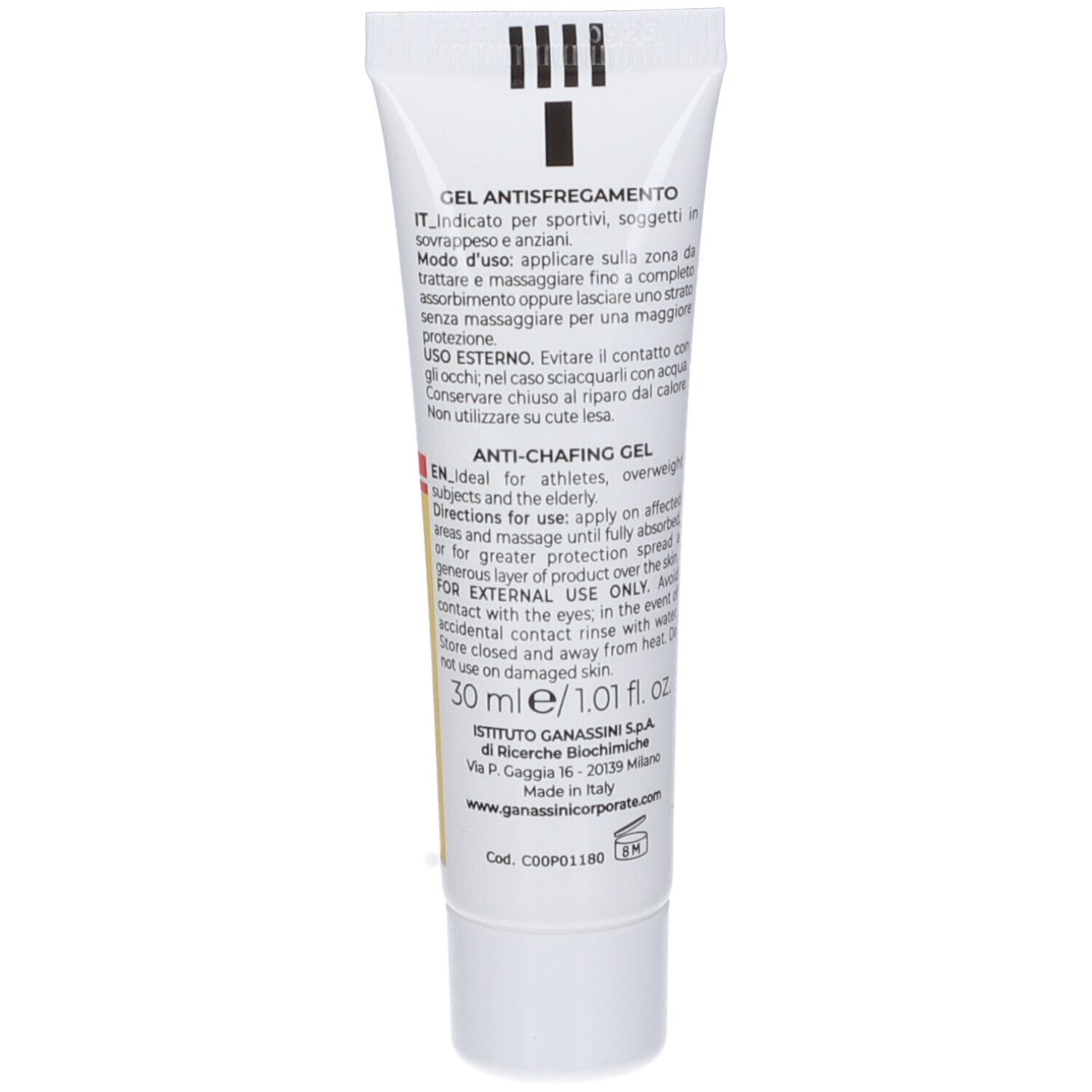 Dos du tube de gel. Texte en italien et en anglais. 30 ml. Informations du fabricant.