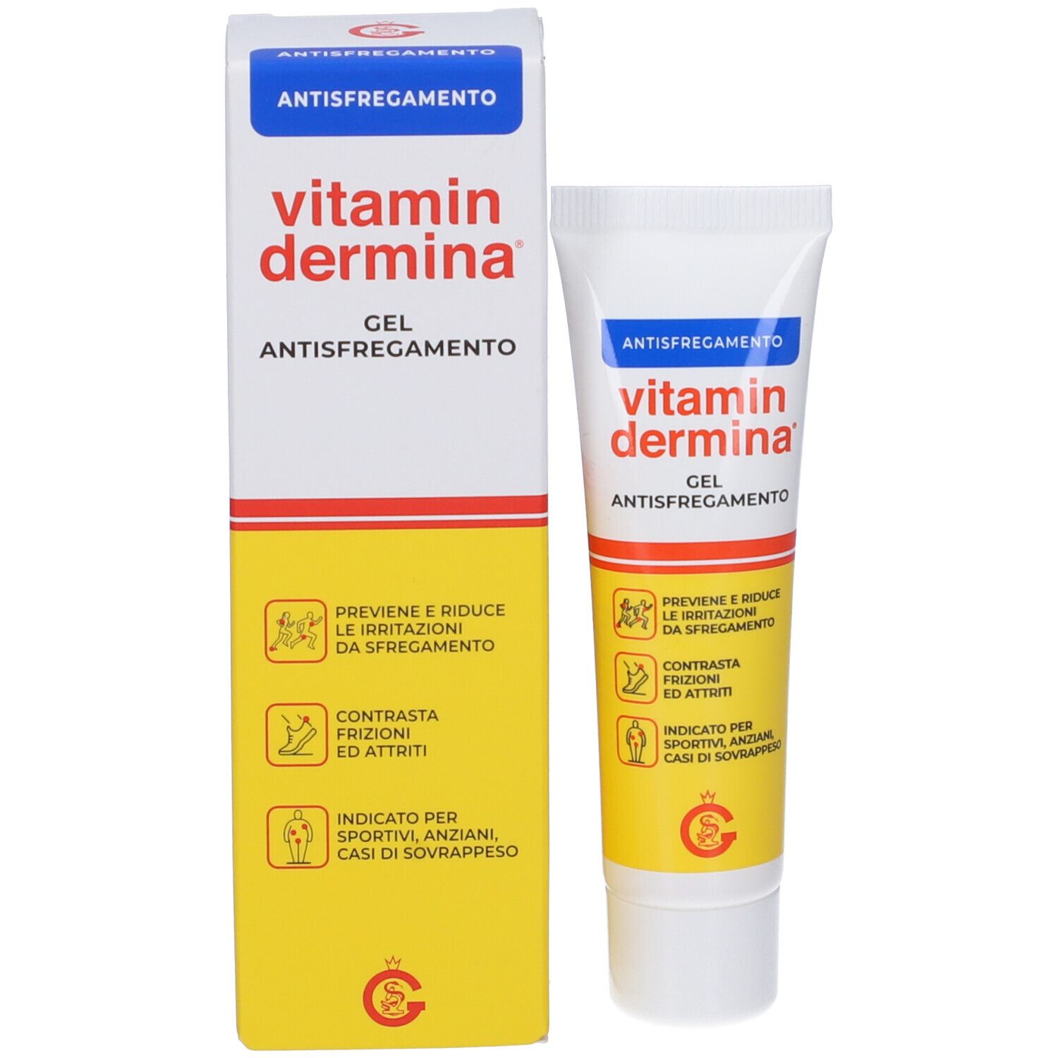 Emballage et tube de gel. VitaminDermina® Anti-Müdigkeits-Gel. Gel anti-frottement. Emballage et tube.