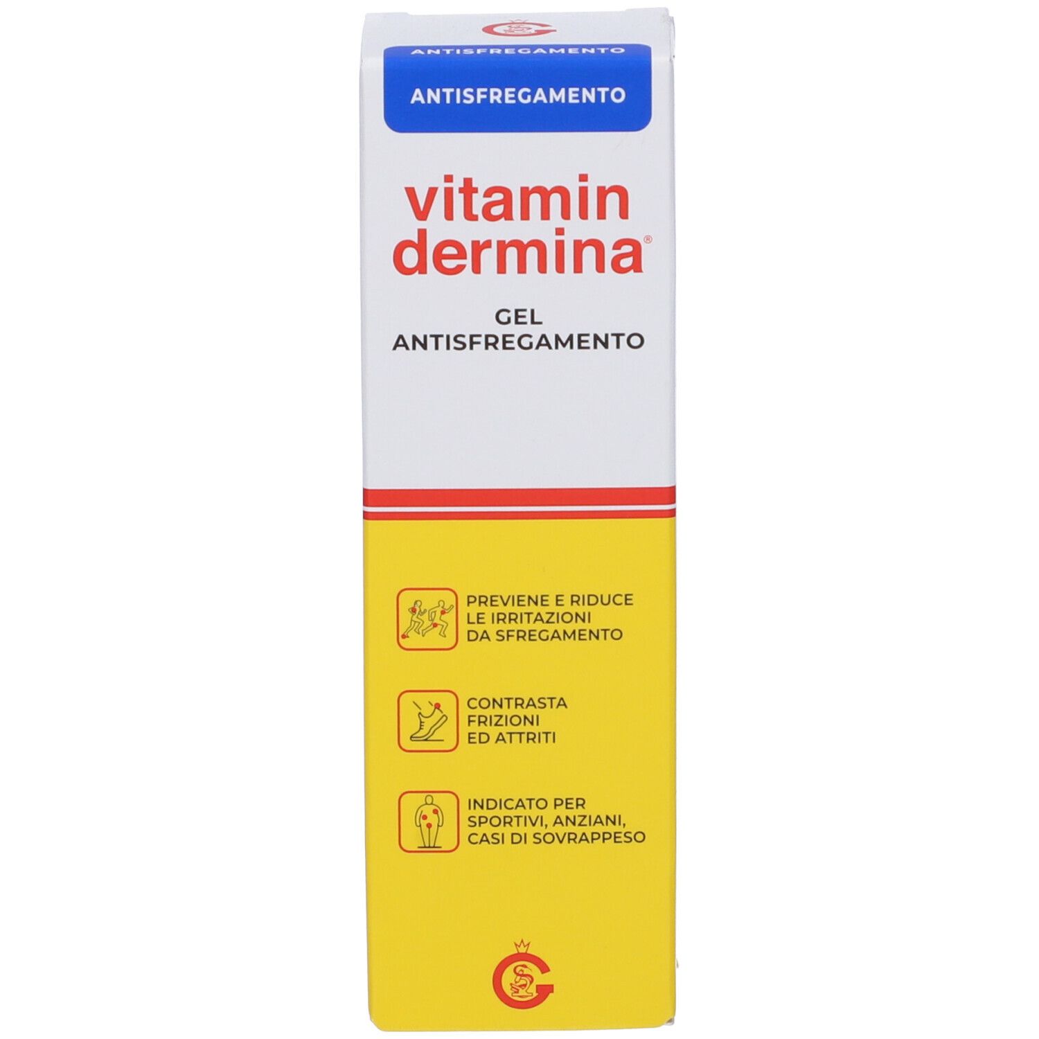 Emballage. VitaminDermina® Anti-Müdigkeits-Gel. Gel anti-frottement. Emballage avec texte jaune et rouge.