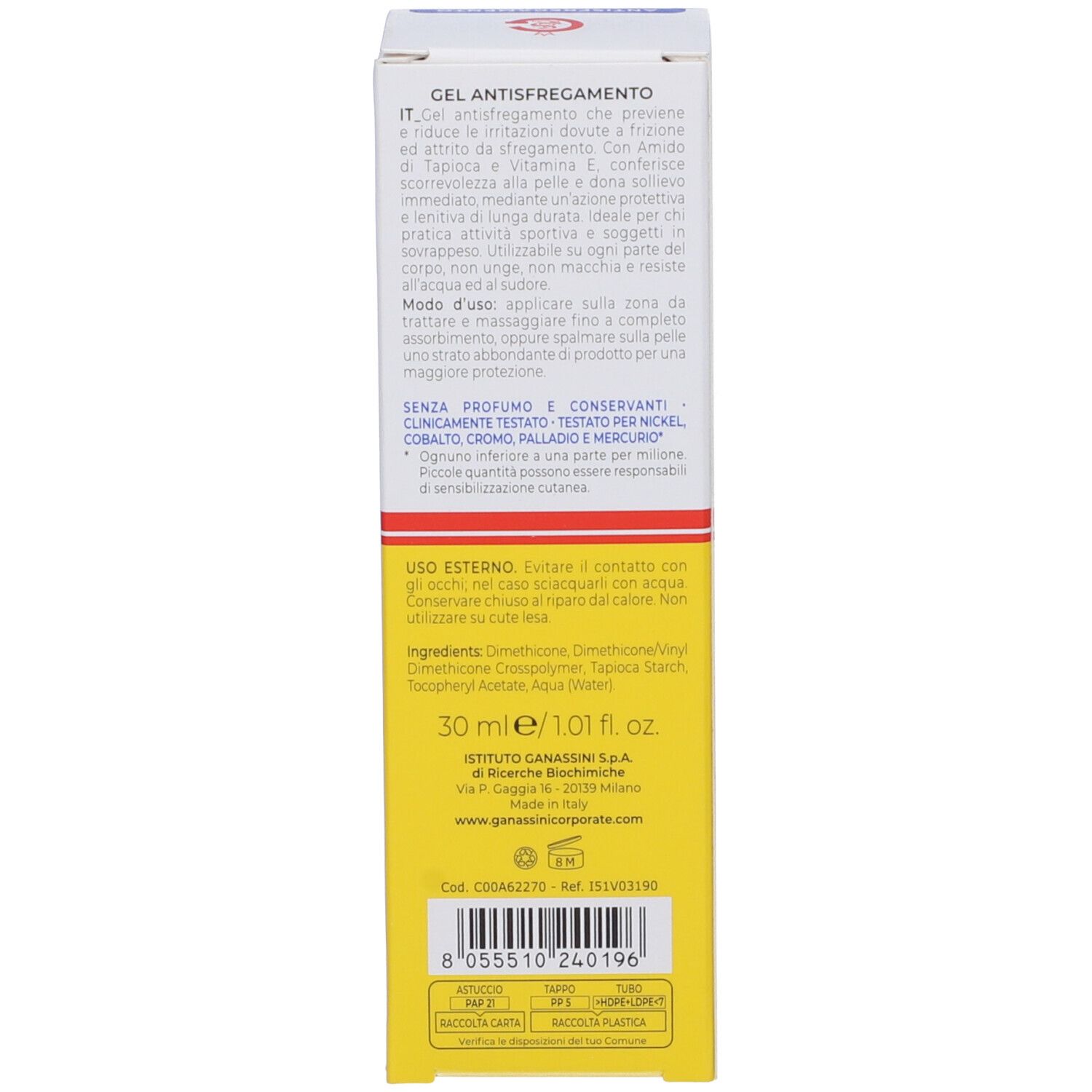 Dos de l'emballage. Texte en italien et en anglais. 30 ml. Ingrédients.