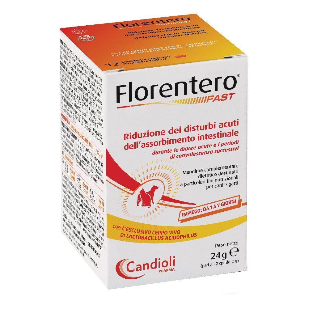 Karton mit Produktaufdrucken. Text: Florentero FAST, Reduzierung der akuten intestinalen Absorptionsstörungen. Marke Candioli Pharma.
