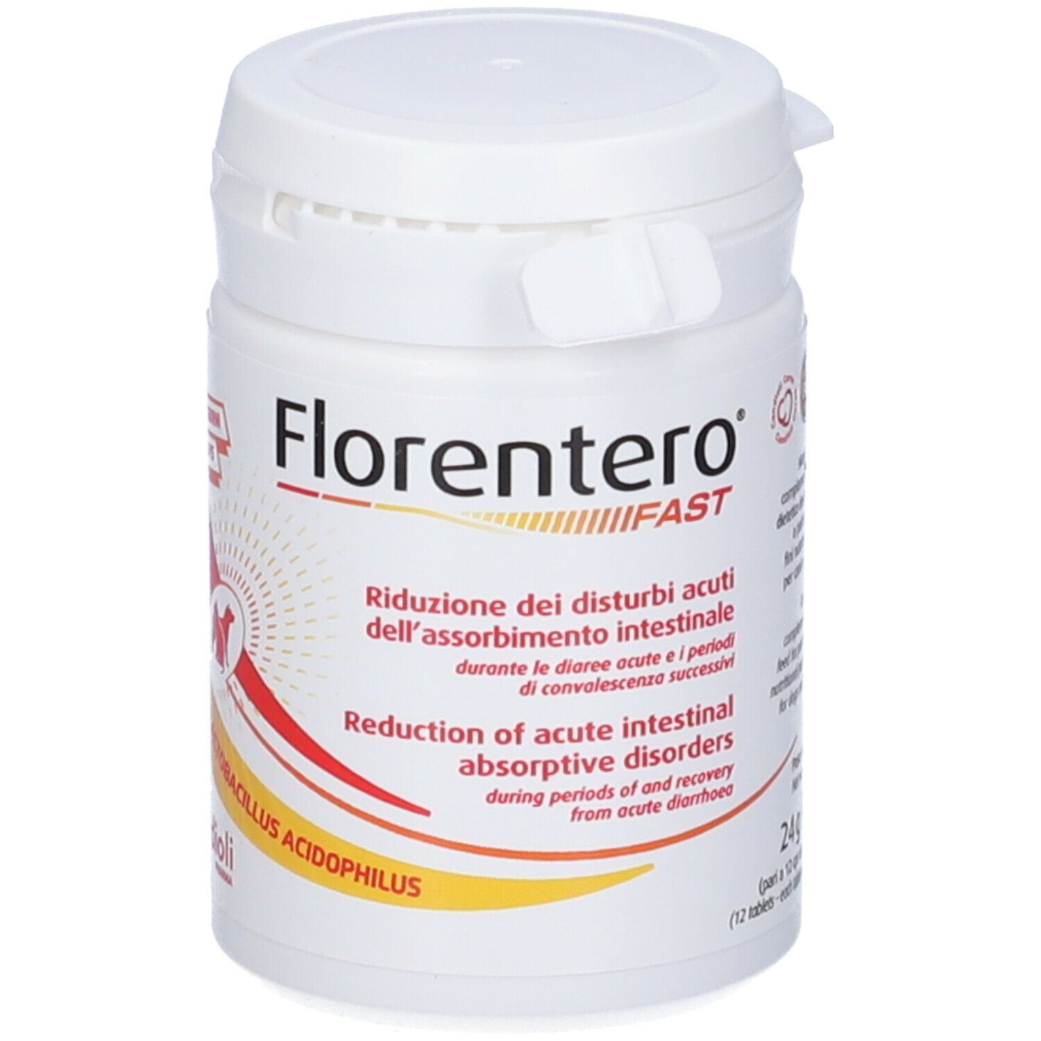 Weißes, zylindrisches Behältnis mit Schraubverschluss. Aufdruck: Florentero FAST, Text und Logo Candioli Pharma.