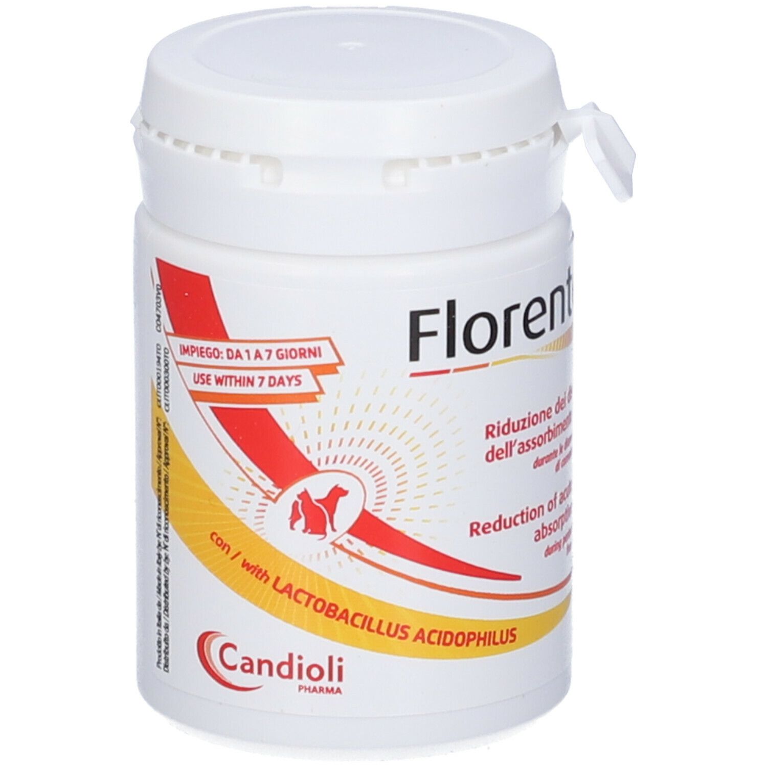 Weißes, zylindrisches Behältnis mit Schraubverschluss. Aufdruck: Florentero FAST, Text und Logo Candioli Pharma. Mit Aufkleber.