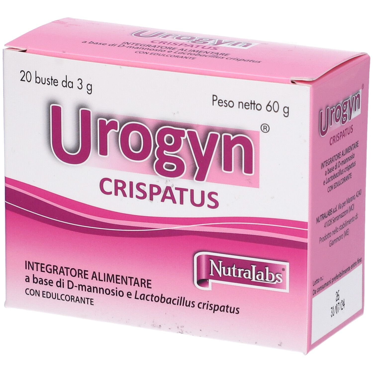 Boîte rose "Urogyn Crispatus". Contient 20 sachets de 3g. Marque Nutralabs.