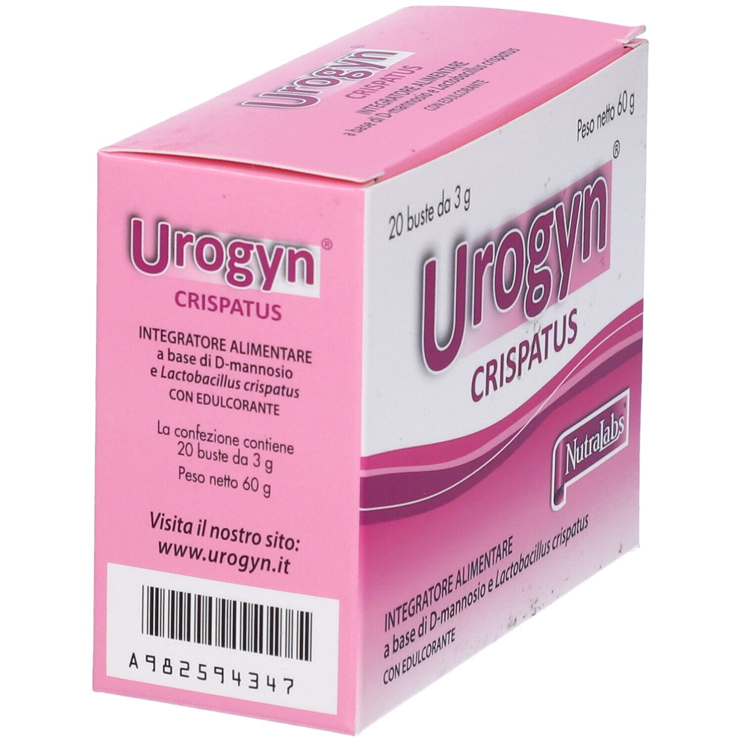 Boîte rose "Urogyn Crispatus". Contient 20 sachets. Marque Nutralabs. Adresse du site web.
