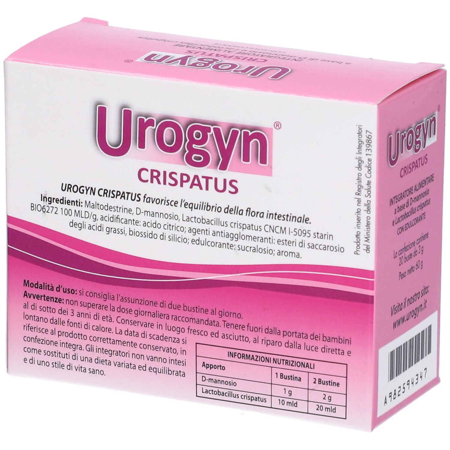 Boîte rose "Urogyn Crispatus". Contient 20 sachets. Ingrédients et informations nutritionnelles.