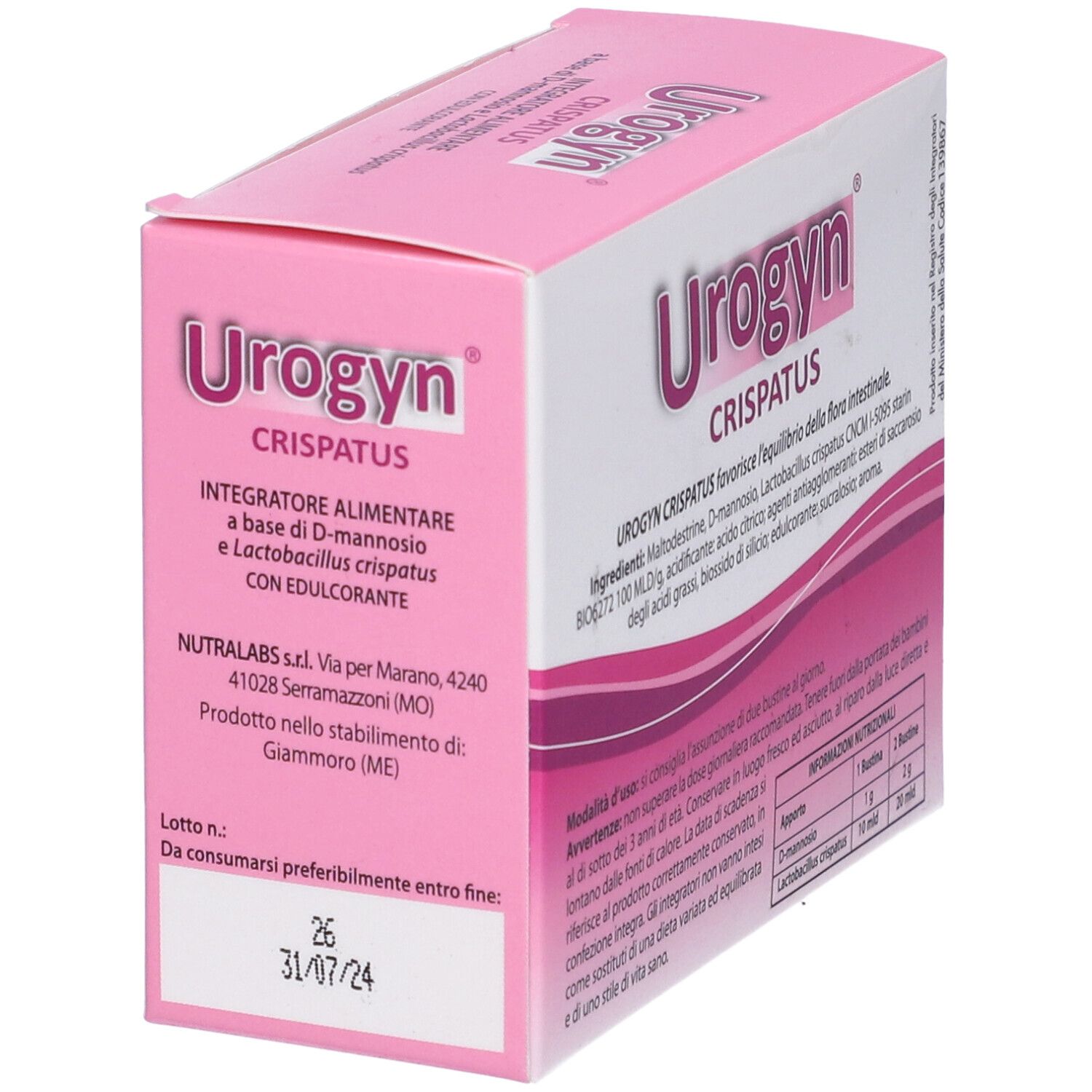 Boîte rose "Urogyn Crispatus". Contient 20 sachets. Informations fabricant et date de péremption.