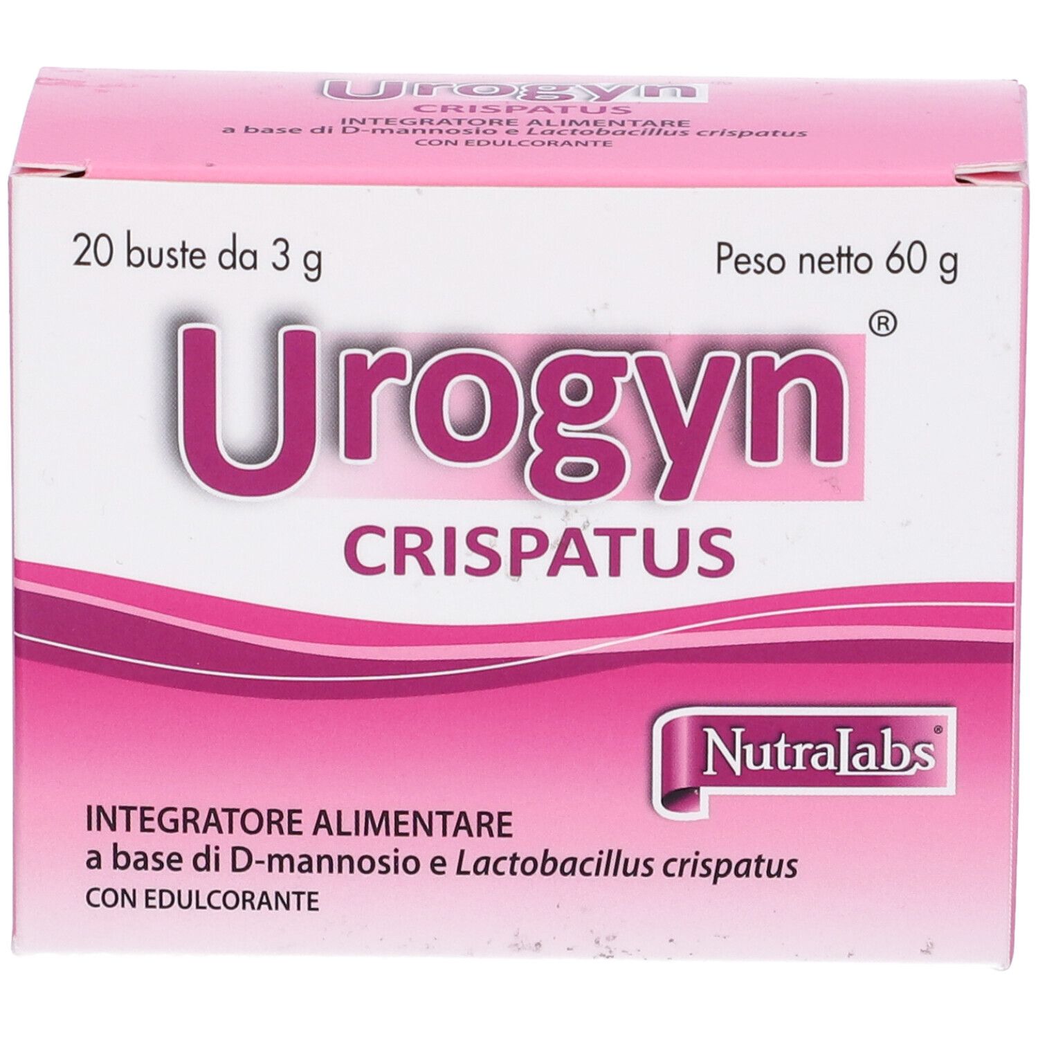 Boîte rose "Urogyn Crispatus". Contient 20 sachets de 3g. Marque Nutralabs.