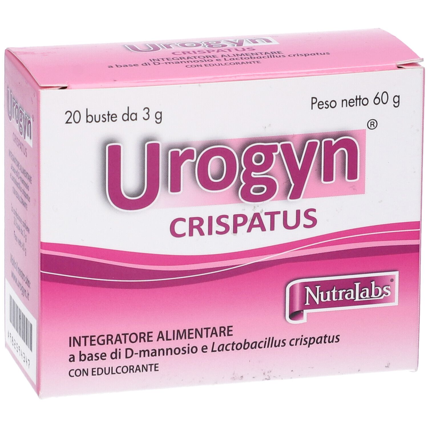 Boîte rose "Urogyn Crispatus". Contient 20 sachets de 3g. Marque Nutralabs.
