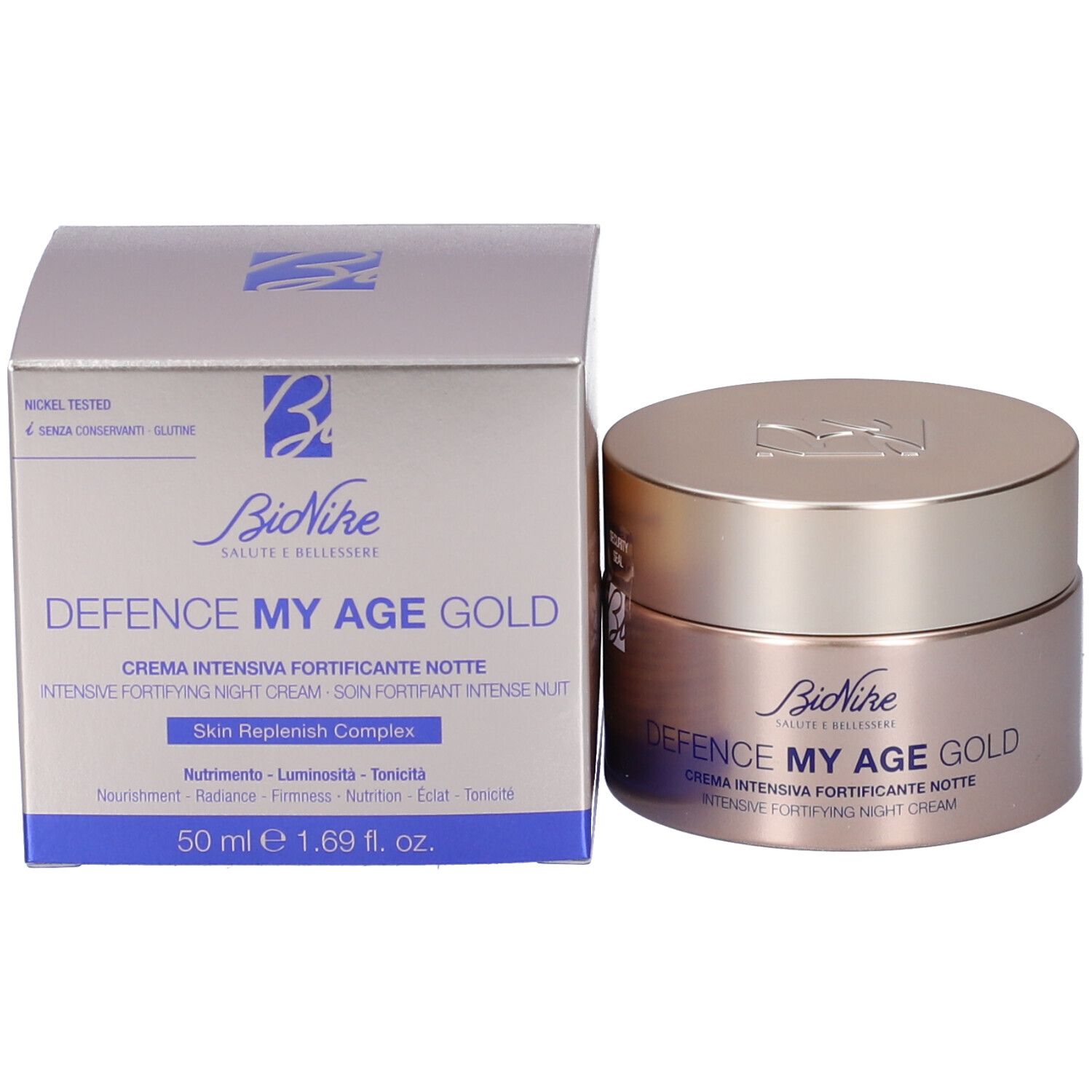 BioNike Defence My Age Gold Nachtcreme und Verpackung, goldener Tiegel und Karton.