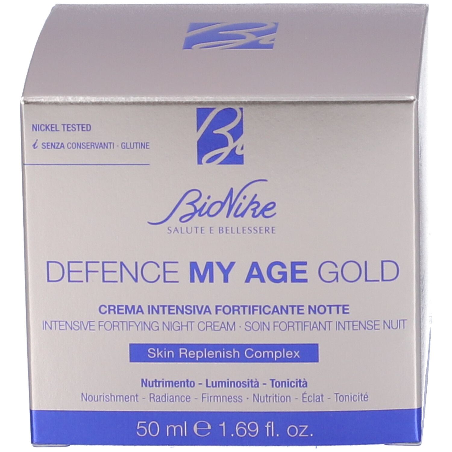 BioNike Defence My Age Gold Nachtcreme Verpackung, goldener Karton mit Produktinformationen.