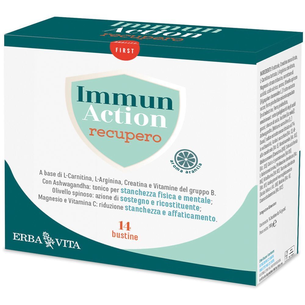 Verpackung mit 14 Beuteln. Aufschrift: Immun Action recupero. Marke: Erba Vita. Mit Inhaltsangaben und Logo.