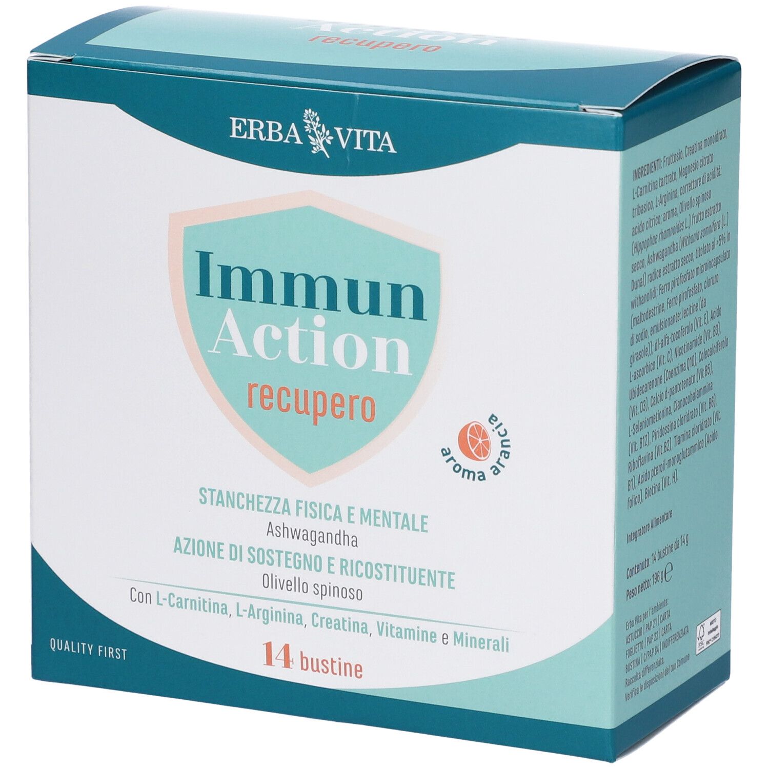 Verpackung mit 14 Beuteln. Aufschrift: Immun Action recupero. Marke: Erba Vita. Mit Inhaltsangaben und Logo.