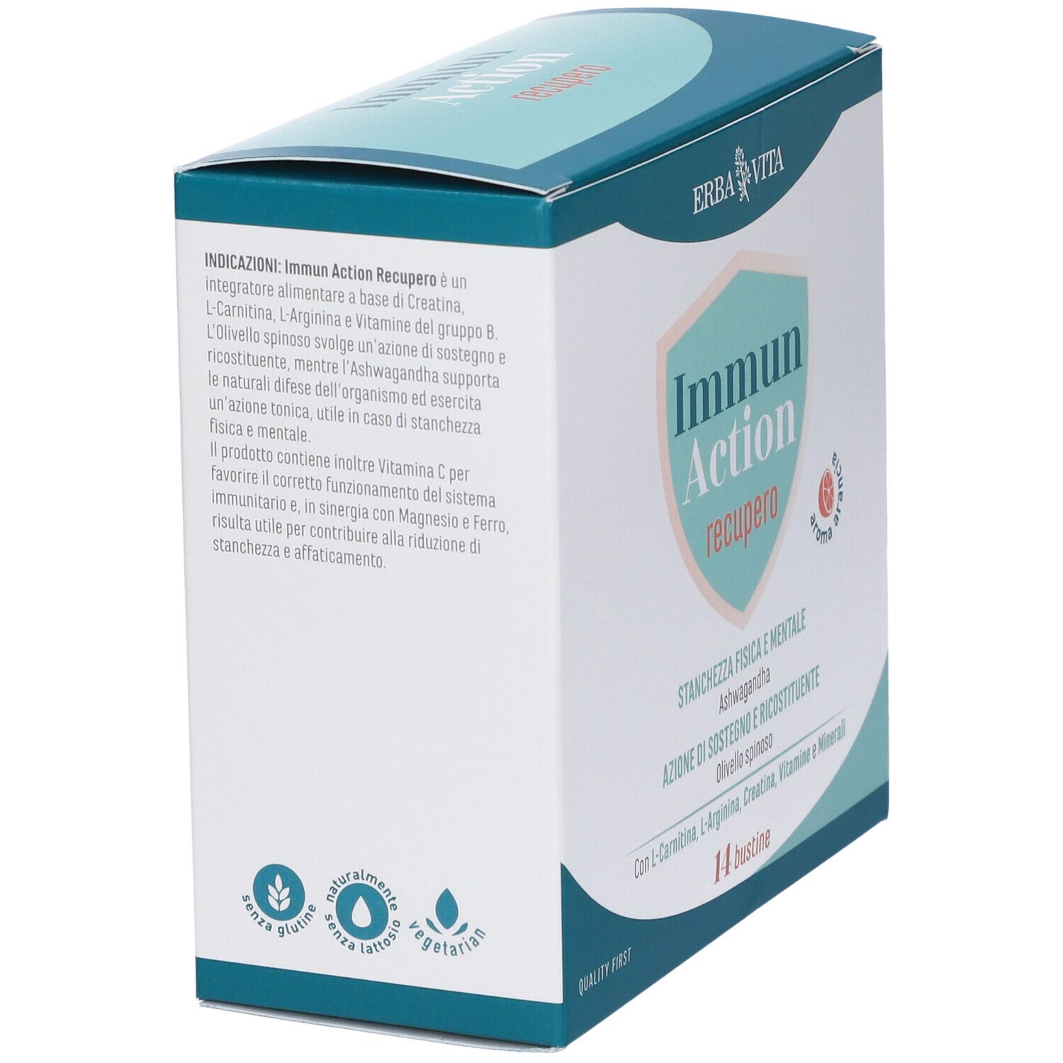 Verpackung mit 14 Beuteln. Aufschrift: Immun Action recupero. Marke: Erba Vita. Mit Inhaltsangaben und Logo.